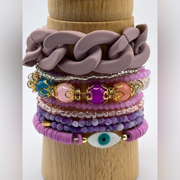 Flirty Boho Purple Bracelets Set of Nine - Trendy Fun Stacked Bracelets Set - Picture 4 of 11